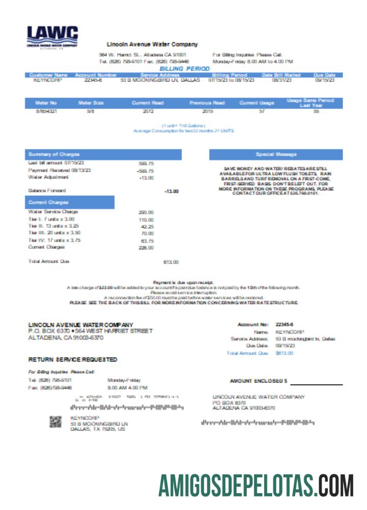 Projeto de lei de serviços públicos da Lincoln Avenue Water Company SCR baixar para verificação